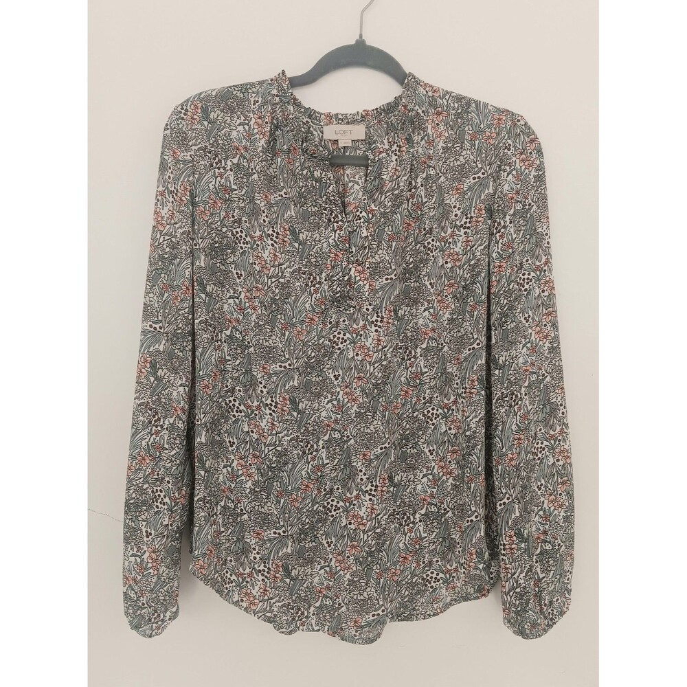 Loft White Floral Mixed Media Ruffle Long Sleeve 3 Button Blouse Size Small